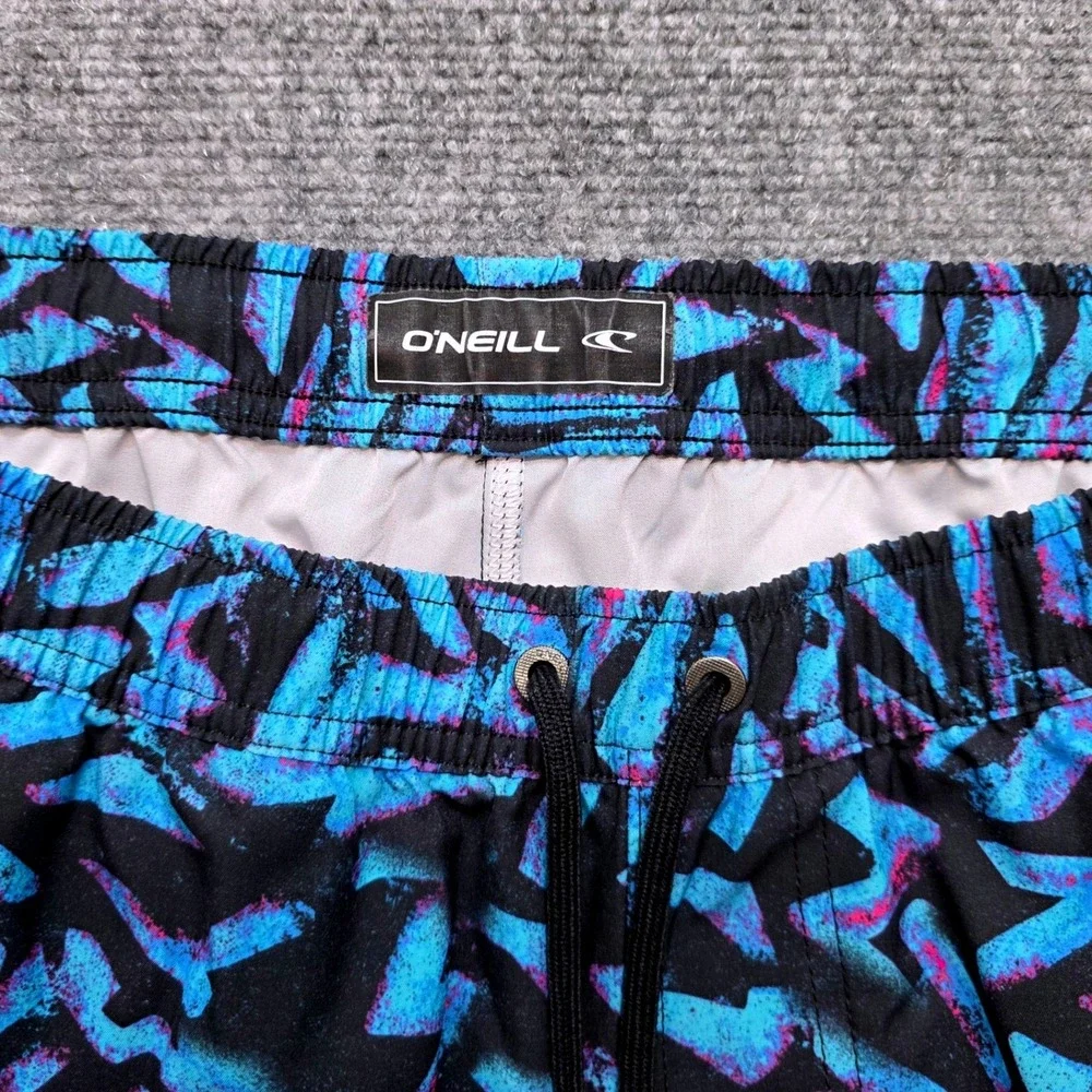 ONeill Men's Medium Blue Black Geometric Lightning Bolt Swim Trunks Board Shorts